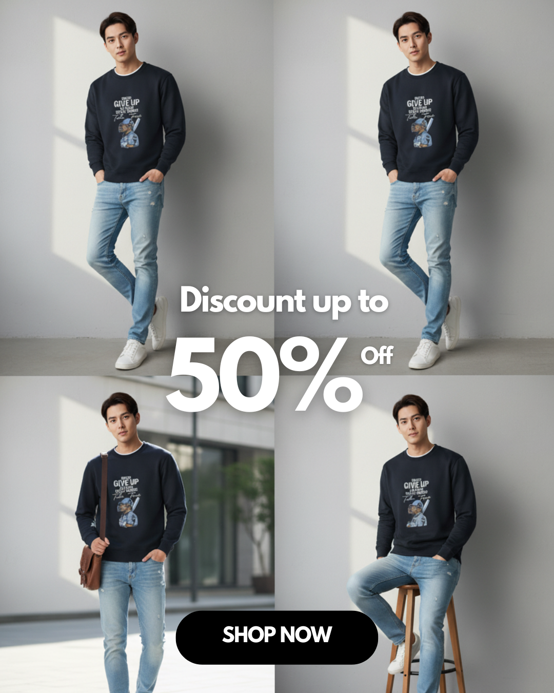 Person wearing a black sweatshirt and jeans with a discount offer on a gray background